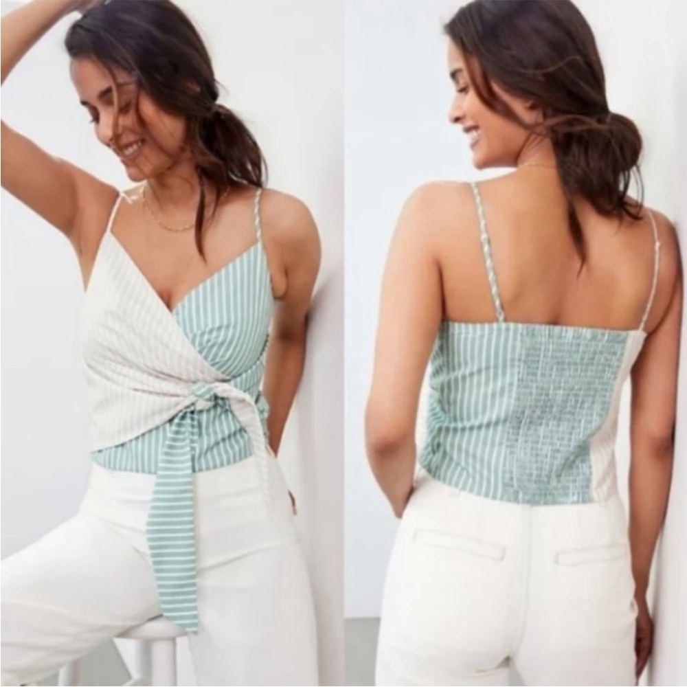 Anthropologie Mare Mare Striped Wrap Cami in Sage Green and Cream